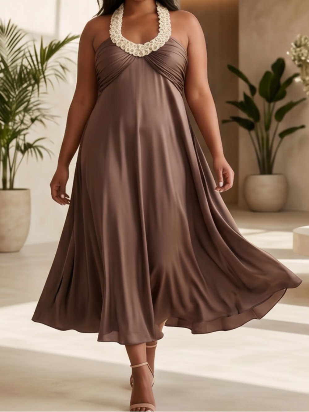 Brown Sheer Flowy Elegant Evening Halter Top Midi Dress